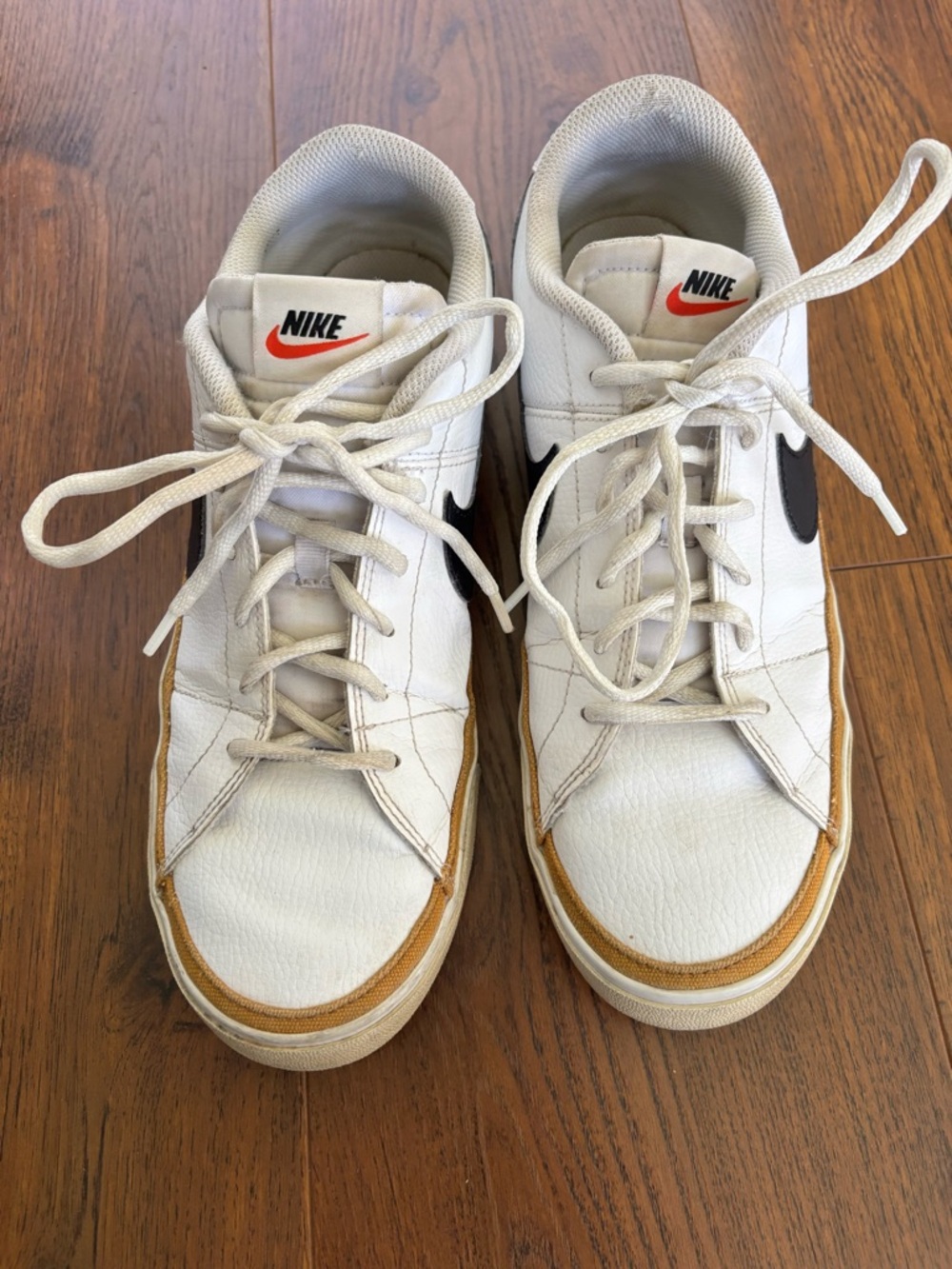Nike Men’s White Sneakers with Black Swoosh and Tan Trim